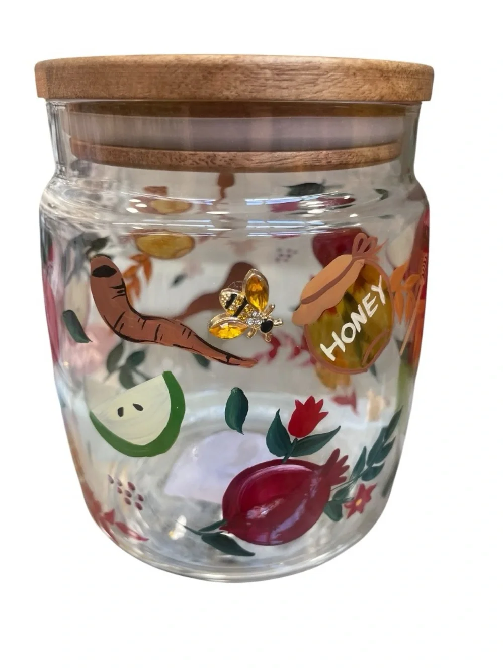 Rosh Hashanah Glass Storage Jar with Wooden Lid – Apple, Honey & Shofar Decor